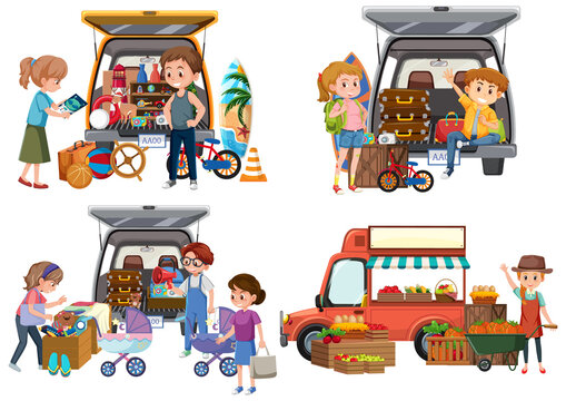 Flea market concept with set of different car boot sales