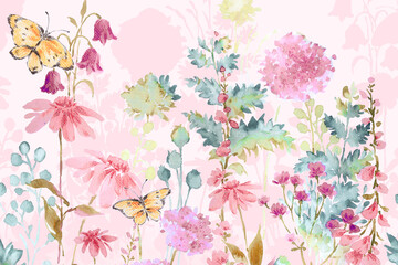 Hand painted watercolor Paisley flowers beautiful roses peonies butterflies © Zhang