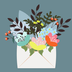 Flowers in an envelope. Bouquet . Gift.Flowers on a blue background.Abstraction