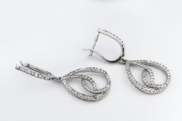 Luxury silver round earrings big jewelry for women isolated on white background, clipping path included