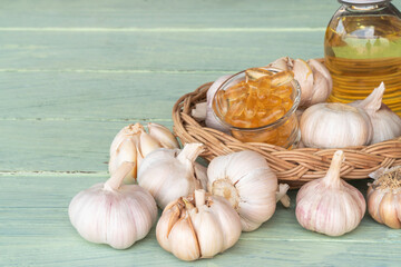 Garlic extract capsules oil in glass.