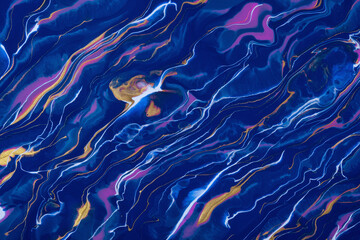 Abstract fluid art background navy blue and purple colors. Liquid marble. Acrylic painting with sapphire gradient.
