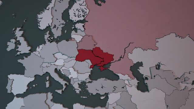3d map of Ukraine and the European Union, Europe. The concept of joining NATO and war. Relations between Ukraine and Russia. Crimea, Donetsk, Luhansk occupied by Russia territories.
