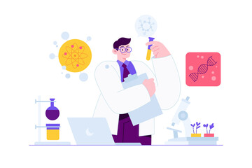 cience concept vector Illustration idea for landing page template, scientist in laboratory experiment research, biology, chemistry, physics knowledge scientific innovation. Hand drawn Flat Style