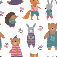 Cute cartoon animals in clothes. Funny bear, fox, hedgehog, hare. Seamless pattern for printing on fabric, wallpaper, clothing, wrapping paper. Vector illustration