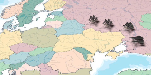 Ukraine - Russia War Map concept: Fighter jets at Russian border vs Ukraine and part of Europe....