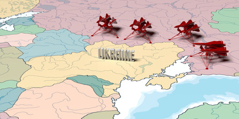 Ukraine - Russia War Map concept: Red Fighter jets at Russian border vs Ukraine and part of Europe. Cracked Ukrainian terrain. Small icons. Heavily armored military air missiles ready for defense.