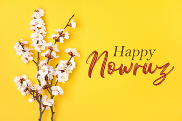 Sprigs of the apricot tree with flowers on yellow background Text Happy Nowruz Holiday Concept of spring came Top view Flat lay Hello march, april, may, persian new year - 490495005