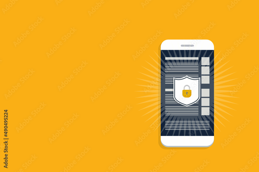 Poster internet network security. safe browsing on mobile phone. vector illustration.
