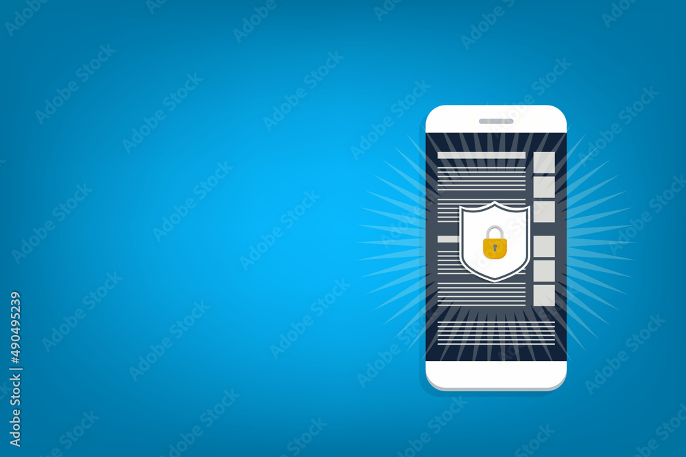 Poster internet network security. safe browsing on mobile phone. vector illustration.