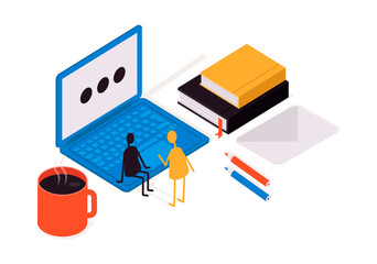 Isometric. Desk. Laptop, a light bulb, books, pencils, a potted plant, a cloud. Vector graphic.
