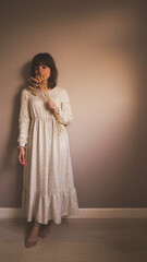 Woman with a vintage gown, a lady with floral long sleeve dress #01