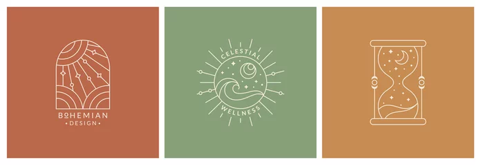 Fototapeten Boho logos. Trendy line symbols for magic, esoteric, celestial, astrology, alchemy, spiritual healing, and others themes. Vector isolated bohemian emblems. Outline design elements with sun and moon. © RainLedy