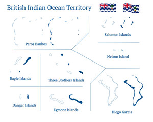 British Indian Ocean Territory map. Chagos map. British overseas territory. Detailed blue outline and silhouette. Country flag. Set of vector maps. All isolated on white background.