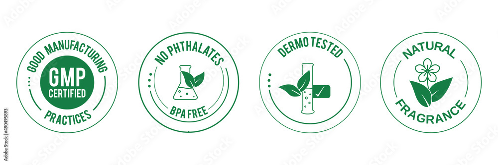 Poster GMP certified, no phthalate, BPA free, dermo tested, natural fragrance icon set vector illustration 