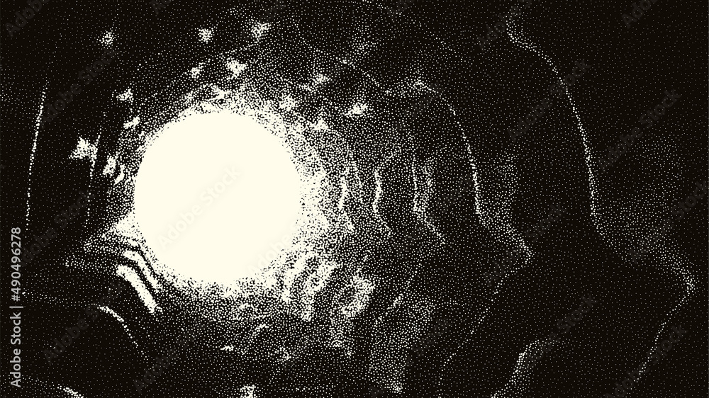 Poster Retro styled docking corridor on space station or light at the end of tunnel concept for sci-fi poster or flyer. Gate or cave with dotwork style.