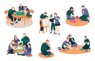 Families playing rogether boarding games. Vector set