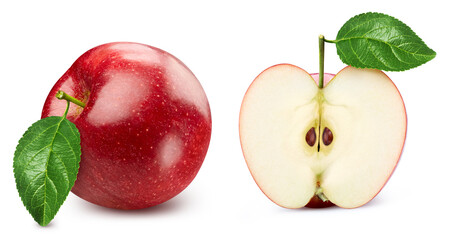 Apple fruit with leaf isolate. Red apple whole and half on white. Apple clipping path. High End Retouching