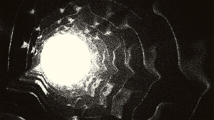 Retro styled docking corridor on space station or light at the end of tunnel concept for sci-fi poster or flyer. Gate or cave with dotwork style.