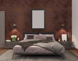 bedroom with brown and gold wall, poster, sconce, carpet, master bed, decor, bedside tables, wooden floor, modern, loft, 3D render