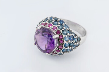 Silver diamond ring isolated on white background. Silver jewelry fashion ring