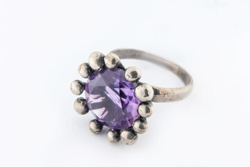 Silver diamond ring isolated on white background. Silver jewelry fashion ring