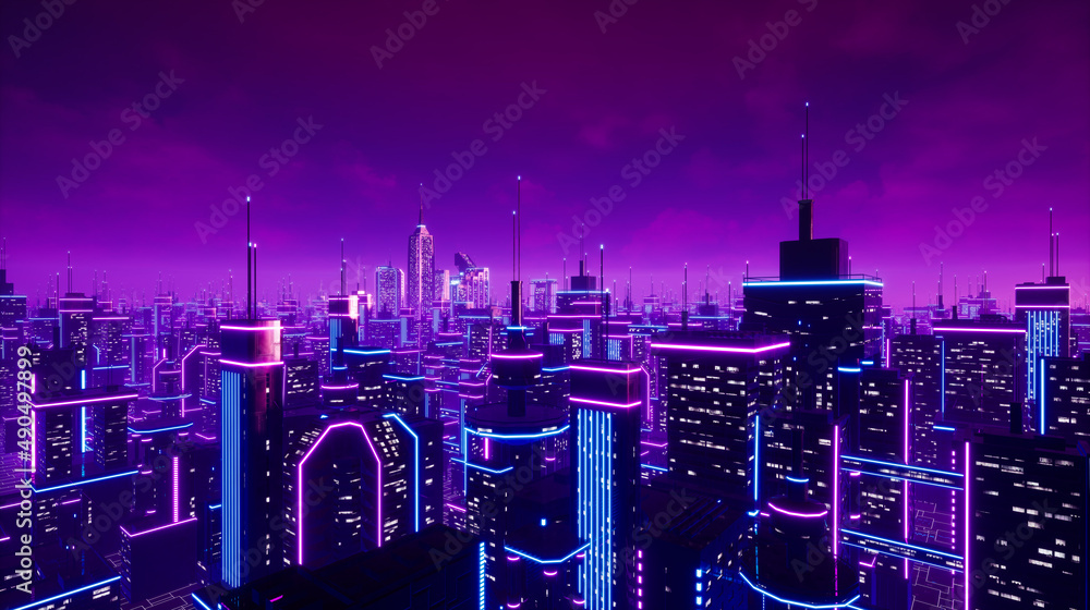 Wall mural Metaverse city and cyberpunk concept, 3d render