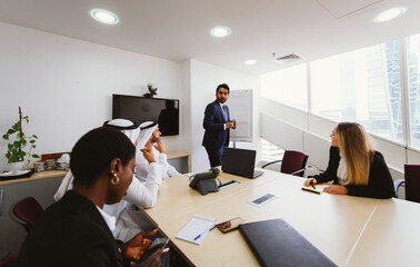 Multiethnic western and middle eastern business team working together in an office of Dubai. Sales...