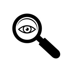Eye icon with a magnifying glass on white background.