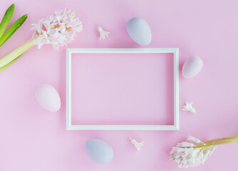 Flat lay greeting card with space for text on a pink background