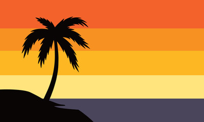 flat panoramic landscape, sunset beach with the palms. Vector illustration.