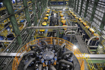 Pavlodar region, Kazakhstan - 12.10.2015 : Hall with technical equipment for processing sulfide ore...