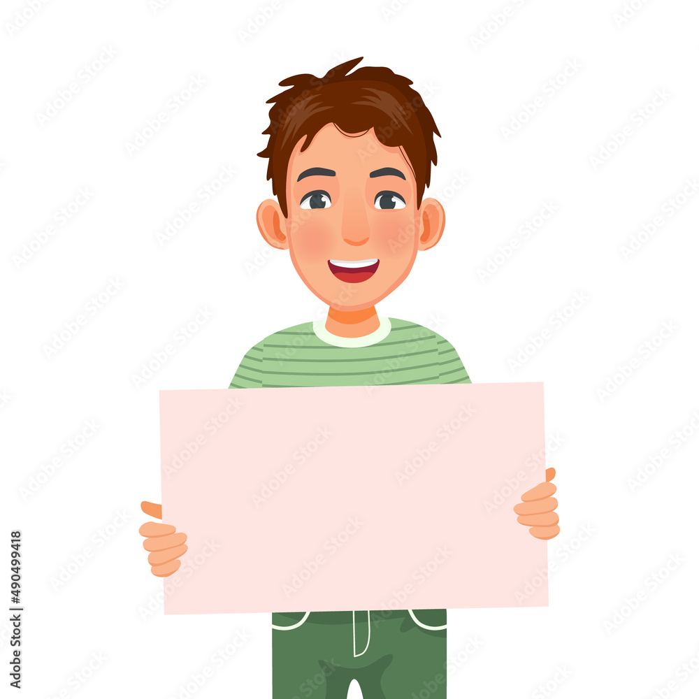 Poster handsome young man holding blank billboard or empty banner for copyspace advertising and announcement messages