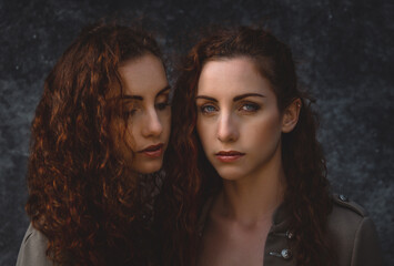 Two twins sisters spending time together - obrazy, fototapety, plakaty