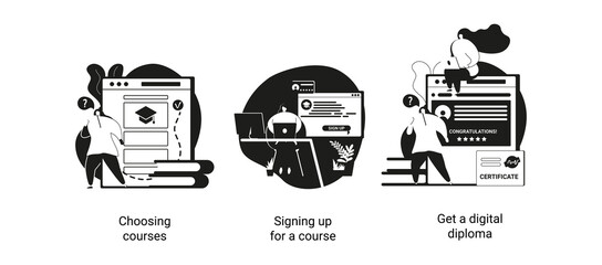 Distance education isolated cartoon vector illustrations set. Choosing online course, signing up for a distance learning, get a digital diploma, online degree certificate, enrollment vector cartoon.