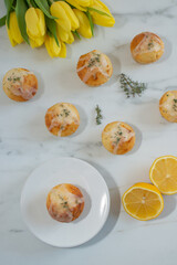 sweet home made vanilla lemon muffins with thyme