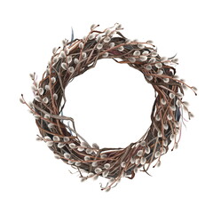 Wreath of dry twigs with willow. Isolated on white - 490499890