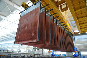 East Kazakhstan region, Kazakhstan - 12.02.2015 : Layers of cathode copper on a special lift for...