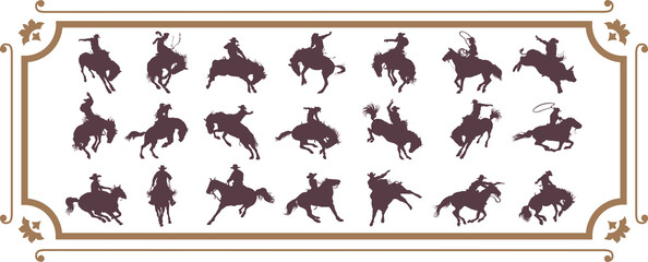 vector image of a set of silhouettes of cowboys on a wild horse mustang rodeo america - obrazy, fototapety, plakaty