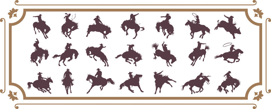 vector image of a set of silhouettes of cowboys on a wild horse mustang rodeo america