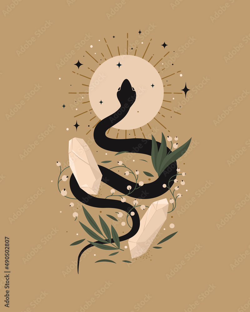 Poster magical black snake with magical crystals and plants on isolated background. design element for post