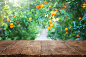 Empty wooden table in front of orange field
