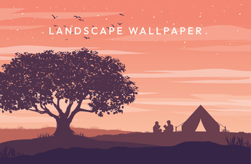 Trees and tents at dusk afternoon wallpaper landscape design