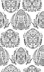 Vector seamless pattern with contour Easter eggs with a folk pattern and floral ornaments. Outline texture with festive treat with a folk decoration on white background. Monochrome backdrop for fabric