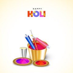 Happy Holi Celebration Concept With Realistic Golden Bucket, Plates Full Of Color, Water Guns (Pichkari) And Thandai Glass On White Background.