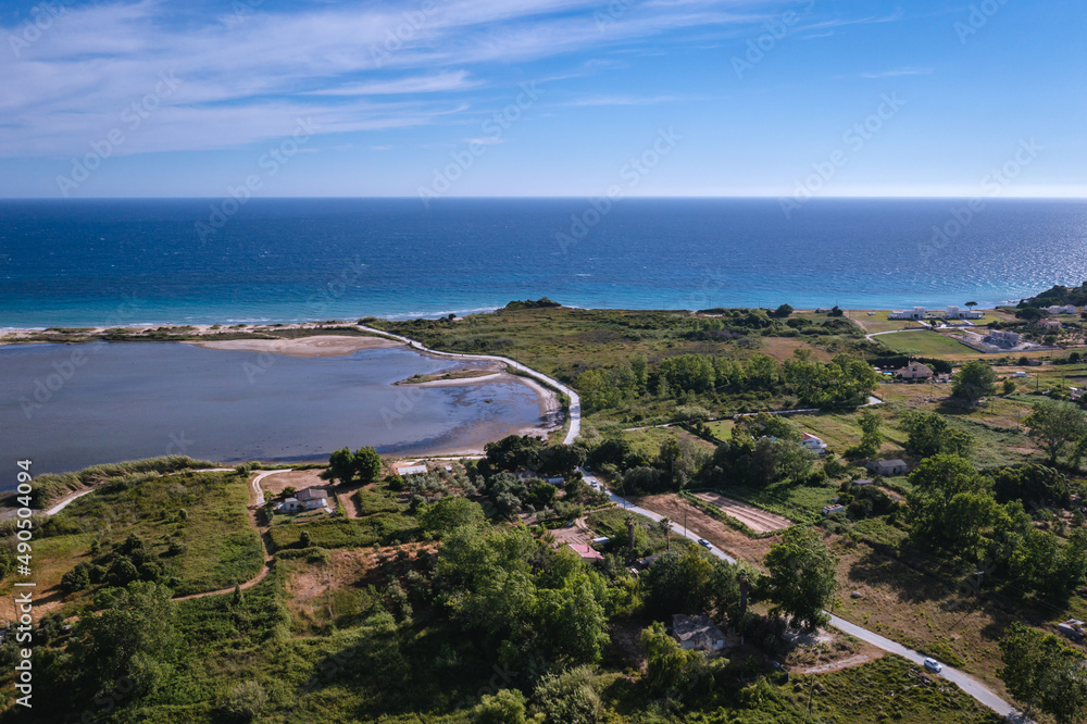 Poster Aerial view with Korission Lake on Ionian Sea shore, Corfu Island, Greece