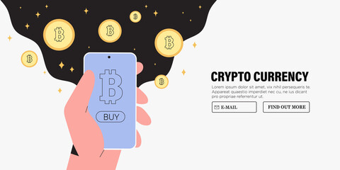 Buy Bitcoin online. Vector illustration of hands hold smartphone and purchase cryptocurrency in mobile application. Web banner of blockchain technology, bitcoin, altcoins mining, digital money market.