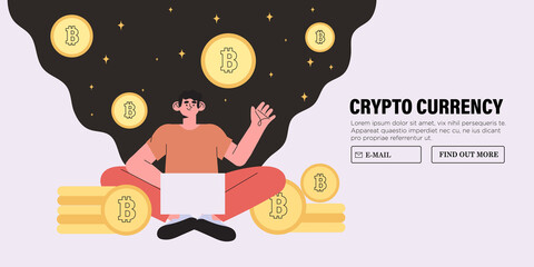 Businessman buy or sell Bitcoin online. Vector illustration of man character purchase or exchange cryptocurrency. Blockchain technology, bitcoin, altcoins mining and digital money market web banner.