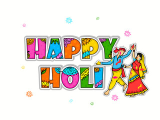Indian festival of colours, Happy Holi concept with stylish text, and couple in traditional attires.