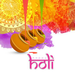 Indian festival of colours, Happy Holi concept with mandala pattern and colour spilling in mudpots on white background.